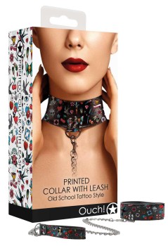 Skórzana Obroża Ze Smyczą Old School Tattoo Style