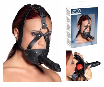 SKÓRZANA MASKA Z KNEBLEM I PENISEM - UNISIZE